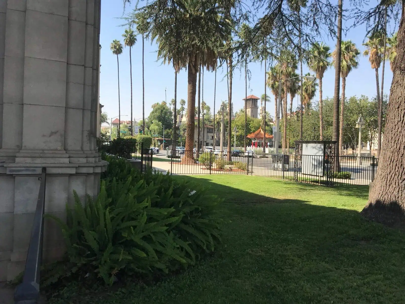 Vibrant green lawn and tropical palm trees surrounding a historic building with detailed architecture.
