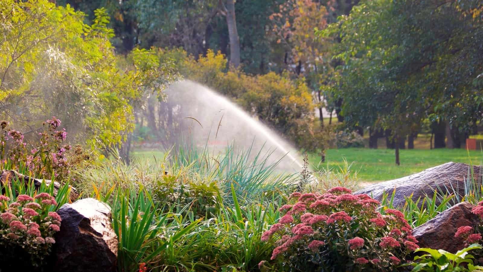 Garden sprinkler watering vibrant flowers and lush landscape for landscaping care.